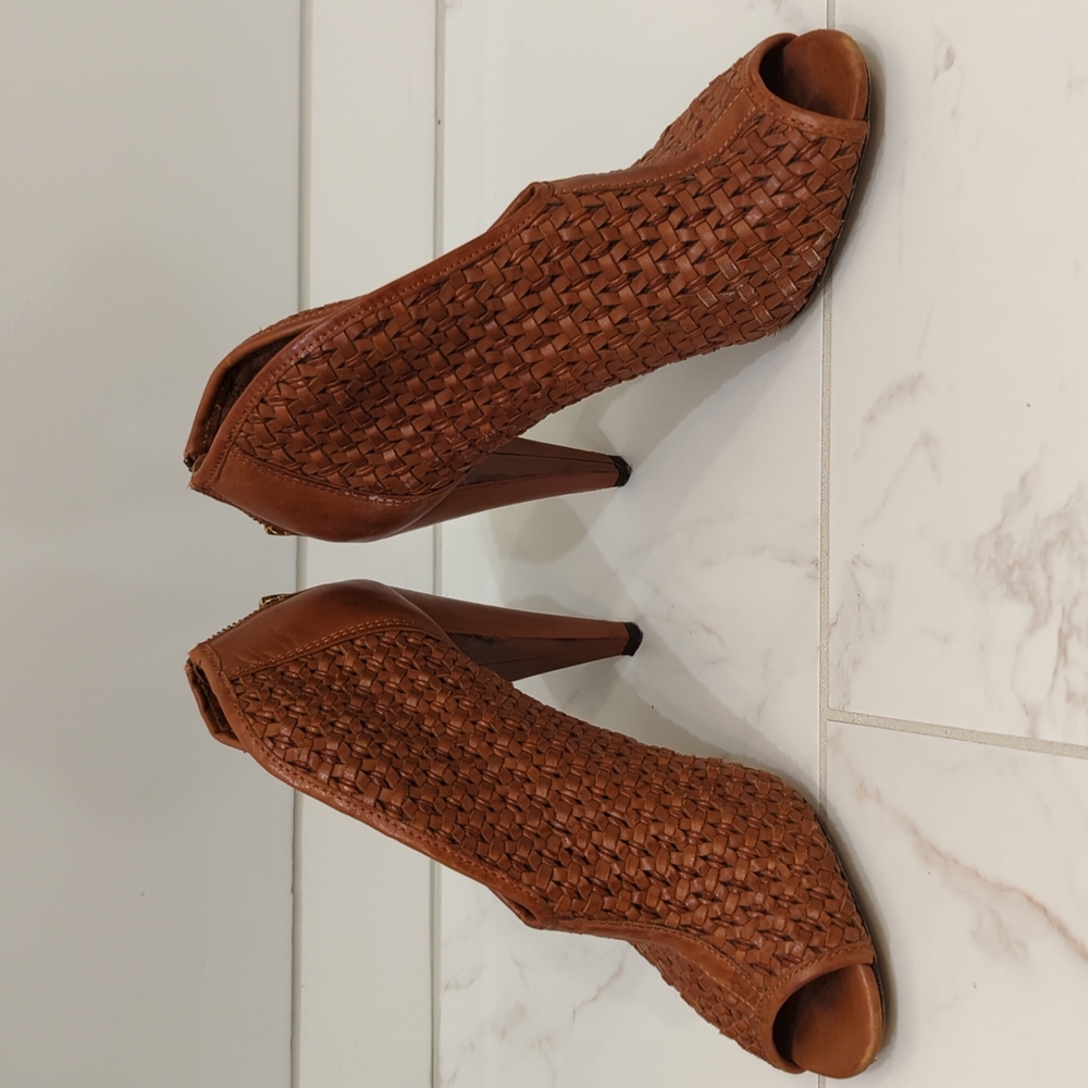 brown leather woven booties/heels